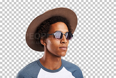 Buy stock photo Fashion, confidence and face of black man with hat on isolated, png and transparent background. Attractive, accessories and person in trendy clothes, casual outfit and style with sunglasses and pride