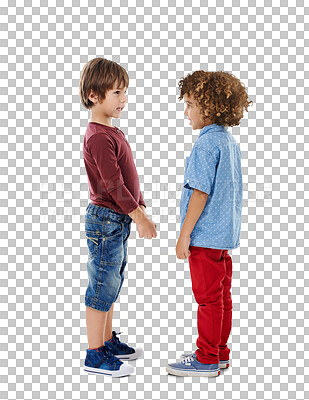 Buy stock photo Isolated boy children, profile and friends with talk, play or diversity by transparent png background. School kids, kindergarten and together for conversation, learning or chat for social development