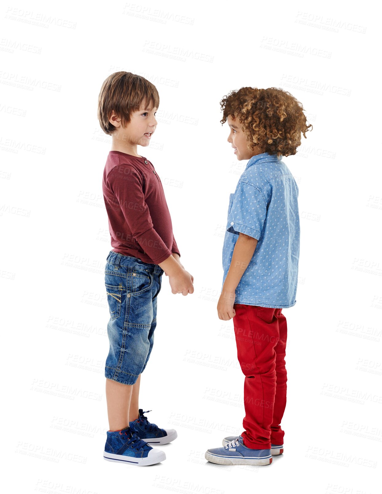 Buy stock photo Isolated boy children, profile and friends with talk, play or diversity by transparent png background. School kids, kindergarten and together for conversation, learning or chat for social development