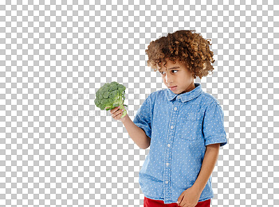 Buy stock photo Isolated boy child, broccoli and choice with doubt, thinking or ideas for food by transparent png background. African kid, vegetable or raw vegan meal with questions, confused or nutrition for health