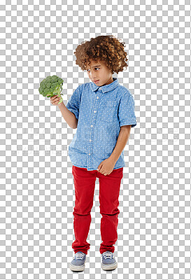 Buy stock photo Isolated boy kid, broccoli and choice with doubt, thinking or ideas for food by transparent png background. African child, vegetable or raw vegan meal with questions, confused or nutrition for health