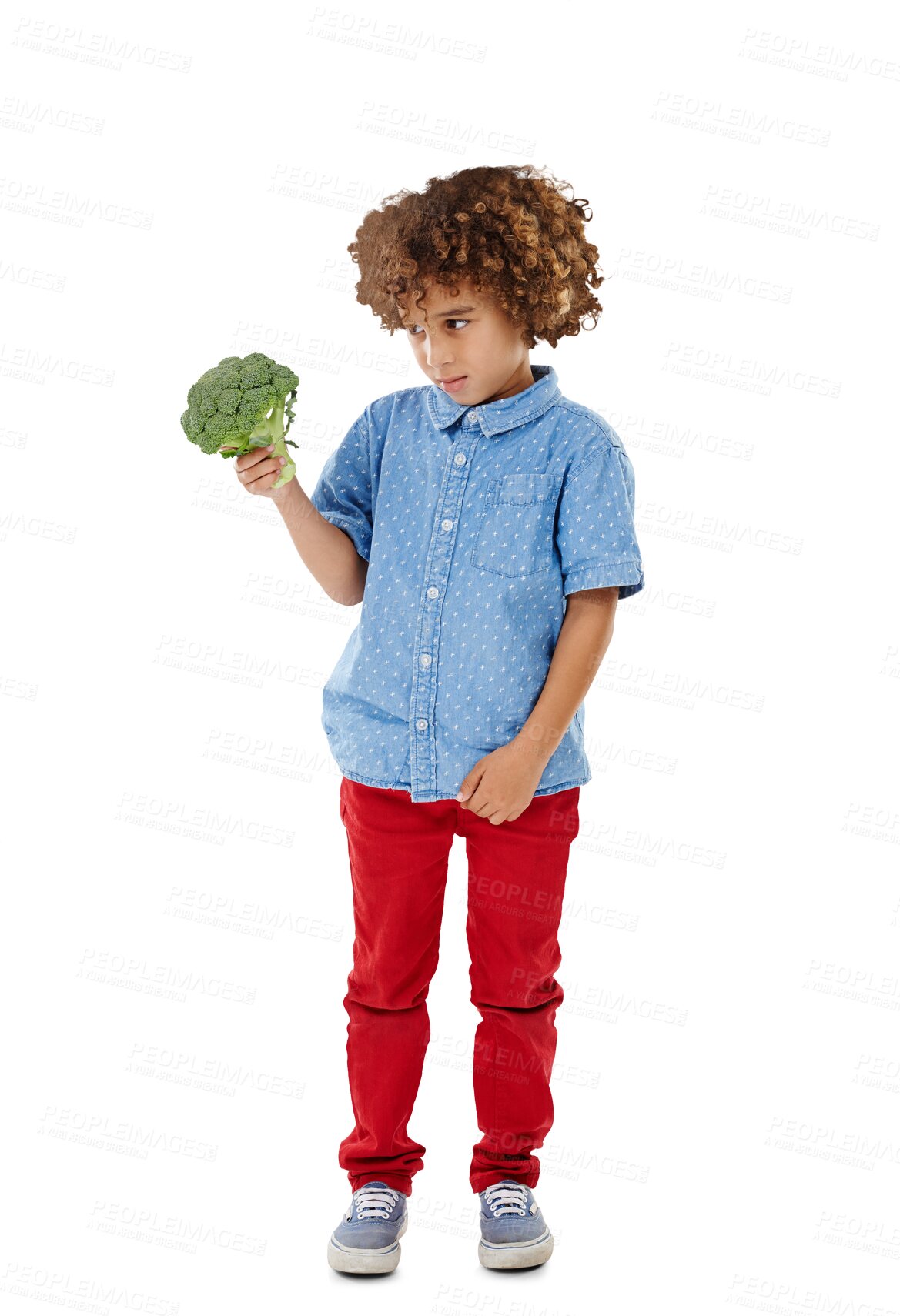 Buy stock photo Isolated boy kid, broccoli and choice with doubt, thinking or ideas for food by transparent png background. African child, vegetable or raw vegan meal with questions, confused or nutrition for health