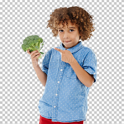 Buy stock photo Portrait, kid and point at broccoli for diet, health or wellness by suggestion for nutrition. Youth, little boy and afro with facial expression for vegetable on isolated or transparent png background