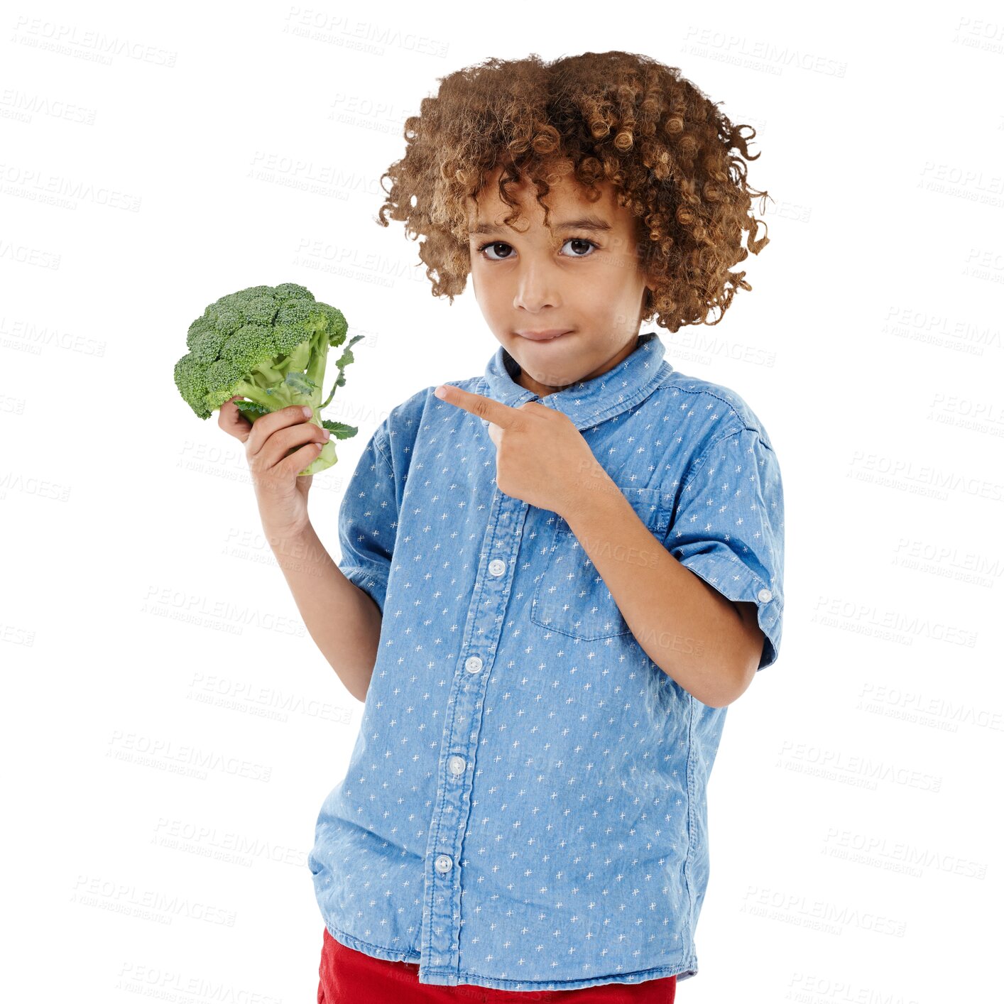 Buy stock photo Portrait, kid and point at broccoli for diet, health or wellness by suggestion for nutrition. Youth, little boy and afro with facial expression for vegetable on isolated or transparent png background