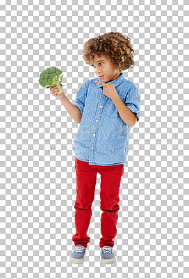 Buy stock photo Kid, little boy and pointing at vegetable for healthy, balanced and diet for nutrition. Youth, afro and looking at broccoli on isolated or transparent png background for fresh, organic and produce