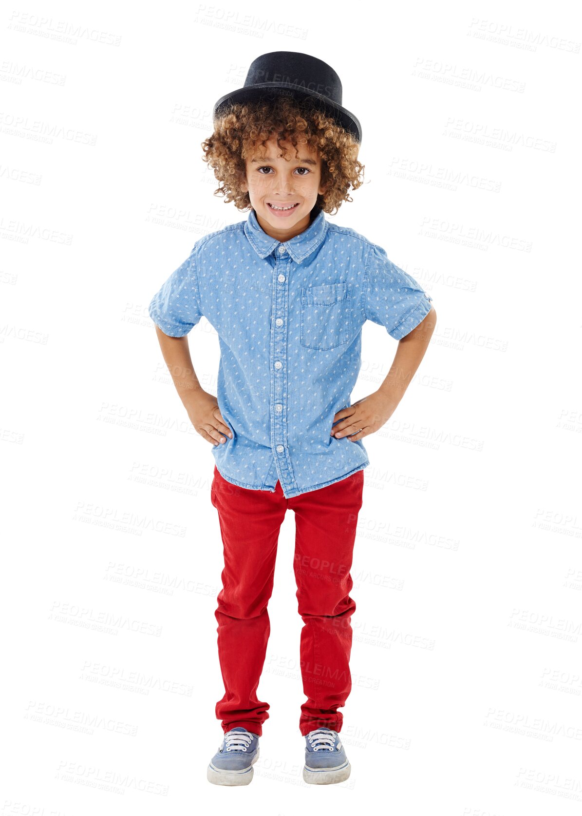 Buy stock photo Portrait, child and little boy in fashion hat, trendy and cool clothes on isolated, transparent or Brazilian png background. Smile, happy and confident male kid for youth, development or growth pride