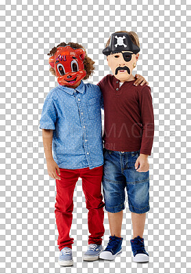 Buy stock photo Isolated boy children, halloween mask and hug for games, pirate and animal by transparent png background. Kids, friends and together with care, love and holiday with embrace, growth or development