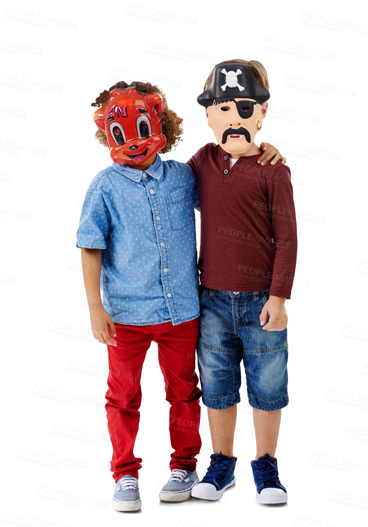 Buy stock photo Isolated boy children, halloween mask and hug for games, pirate and animal by transparent png background. Kids, friends and together with care, love and holiday with embrace, growth or development