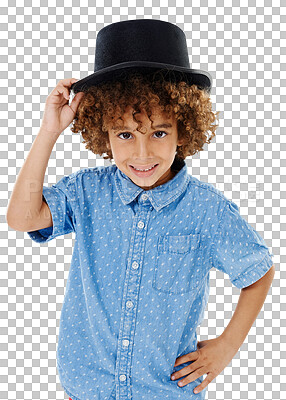 Buy stock photo Happy boy, portrait and hat in fashion or style standing isolated on a transparent PNG background. Young little kid, child or junior model smile with cap for stylish clothing or cool accessory