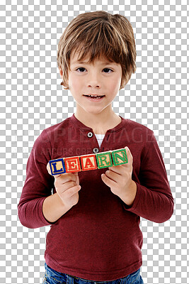 Buy stock photo Child, portrait or building blocks with letter for learn, kindergarten fun or education with play. Young boy, smile or face with wooden game for development or isolated on transparent png background