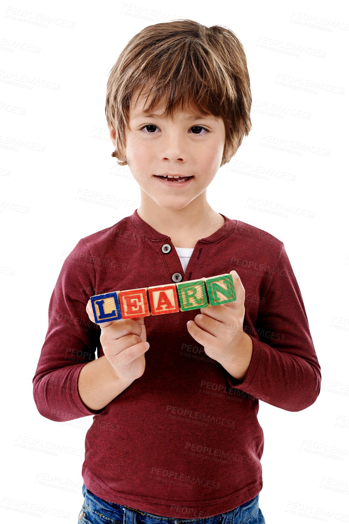 Buy stock photo Child, portrait or building blocks with letter for learn, kindergarten fun or education with play. Young boy, smile or face with wooden game for development or isolated on transparent png background