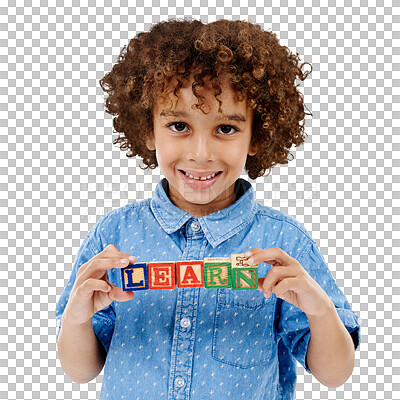 Buy stock photo Child, building blocks or letter with learn in portrait, happiness or kindergarten fun for education. Young boy, smile or face with toy game for development or isolated on transparent png background