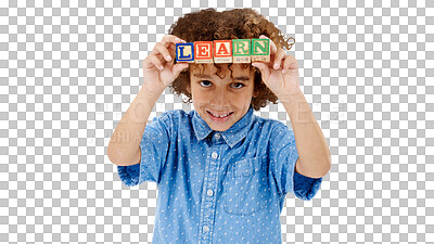 Buy stock photo Boy, portrait and building blocks with education to learn, letter and alphabet with fun game in childhood. Kid, smile and face with play for development and isolated on transparent png background