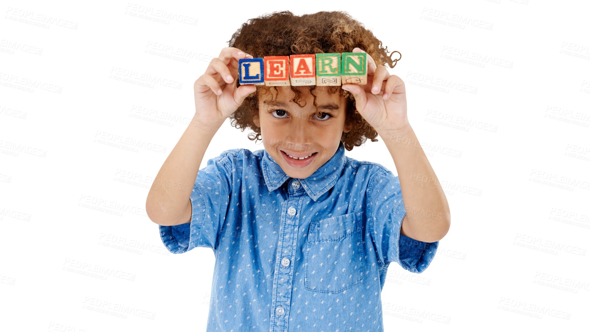 Buy stock photo Boy, portrait and building blocks with education to learn, letter and alphabet with fun game in childhood. Kid, smile and face with play for development and isolated on transparent png background