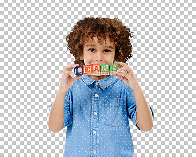 Buy stock photo Portrait, kid and blocks for learning abc, studying or reading, language or building isolated on a transparent png background. Face, education or child with alphabet, wood toys or student development