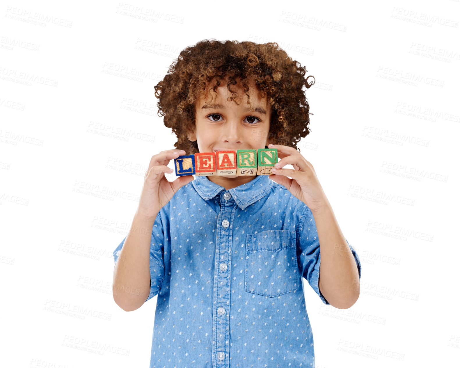 Buy stock photo Portrait, kid and blocks for learning abc, studying or reading, language or building isolated on a transparent png background. Face, education or child with alphabet, wood toys or student development