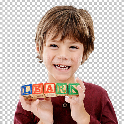 Buy stock photo Child, portrait or building blocks with letter for education, kindergarten fun or learning in play. Young boy, smile or face with wooden game for development or isolated on transparent png background