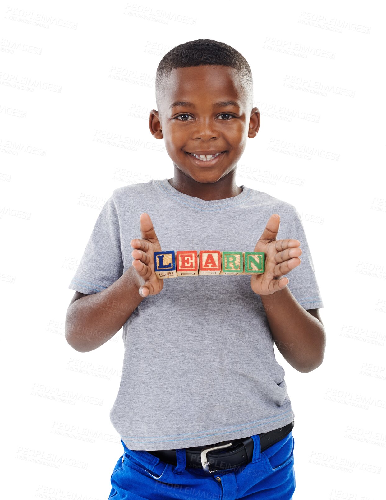 Buy stock photo Portrait, kid and blocks for learning alphabet, study or reading language, building or smile isolated on a transparent png background. Face, education or African child with abc or student development