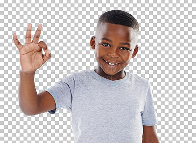 Buy stock photo Portrait, feedback and boy with perfect sign, kid and agreement isolated on transparent background. Face, person and model with happiness, hand gesture and emoji with review, png and symbol with like