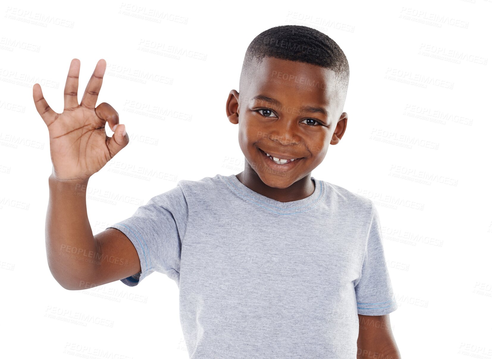 Buy stock photo Portrait, feedback and boy with perfect sign, kid and agreement isolated on transparent background. Face, person and model with happiness, hand gesture and emoji with review, png and symbol with like