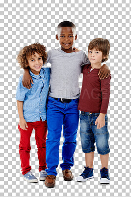 Buy stock photo Portrait, boys and hug with group, children and happiness isolated on a transparent background. People, models and friends with joy, smile or embrace with png, cheerful and playful with fun or casual