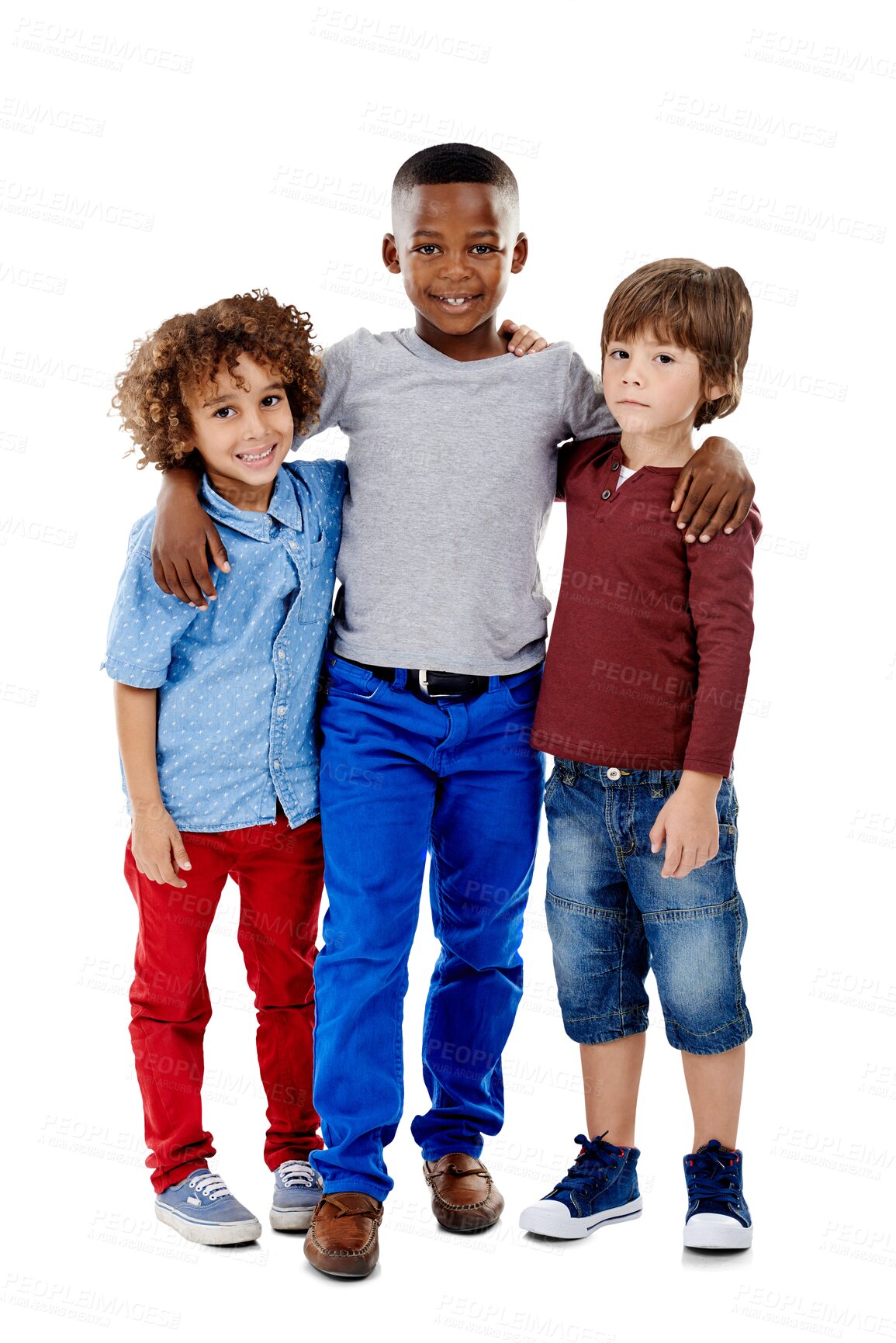 Buy stock photo Portrait, boys and hug with group, children and happiness isolated on a transparent background. People, models and friends with joy, smile or embrace with png, cheerful and playful with fun or casual