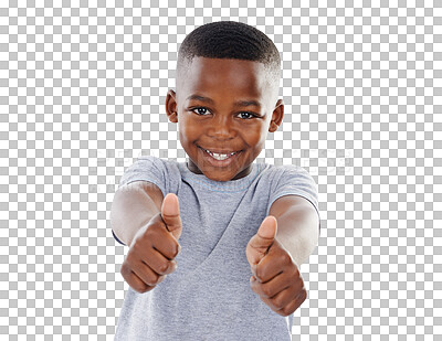 Buy stock photo Portrait, smile and boy with thumbs up, child or agreement isolated on transparent background. Face, person or kid with happiness, hand gesture or emoji with feedback, png or symbol with like or icon