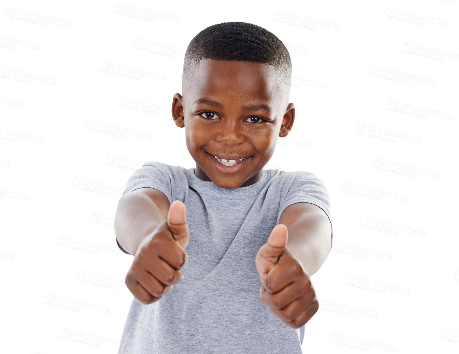 Buy stock photo Portrait, smile and boy with thumbs up, child or agreement isolated on transparent background. Face, person or kid with happiness, hand gesture or emoji with feedback, png or symbol with like or icon