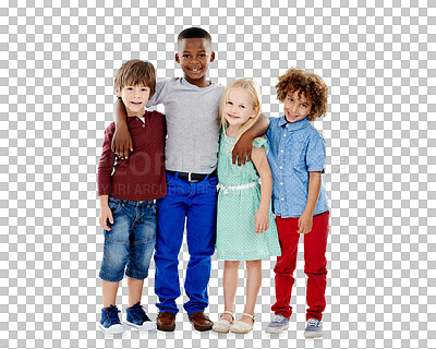 Buy stock photo Portrait, friends and hug with group, children and happiness isolated on a transparent background. People, models and kids with joy, smile or embrace with png, cheerful and fashion with fun or casual