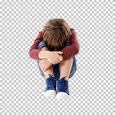 Buy stock photo Kids, depression or child on floor with mental health crisis on isolated, transparent or png background. Children, stress or anxiety by kid with burnout disaster from toxic home, divorce or bullying