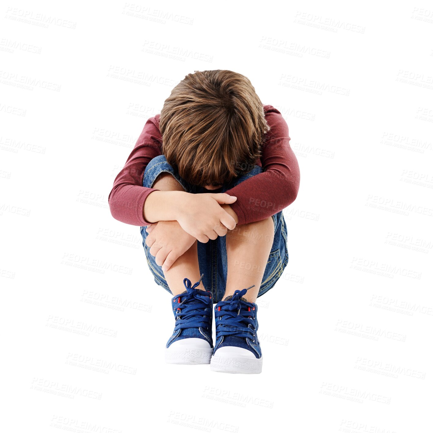 Buy stock photo Kids, depression or child on floor with mental health crisis on isolated, transparent or png background. Children, stress or anxiety by kid with burnout disaster from toxic home, divorce or bullying