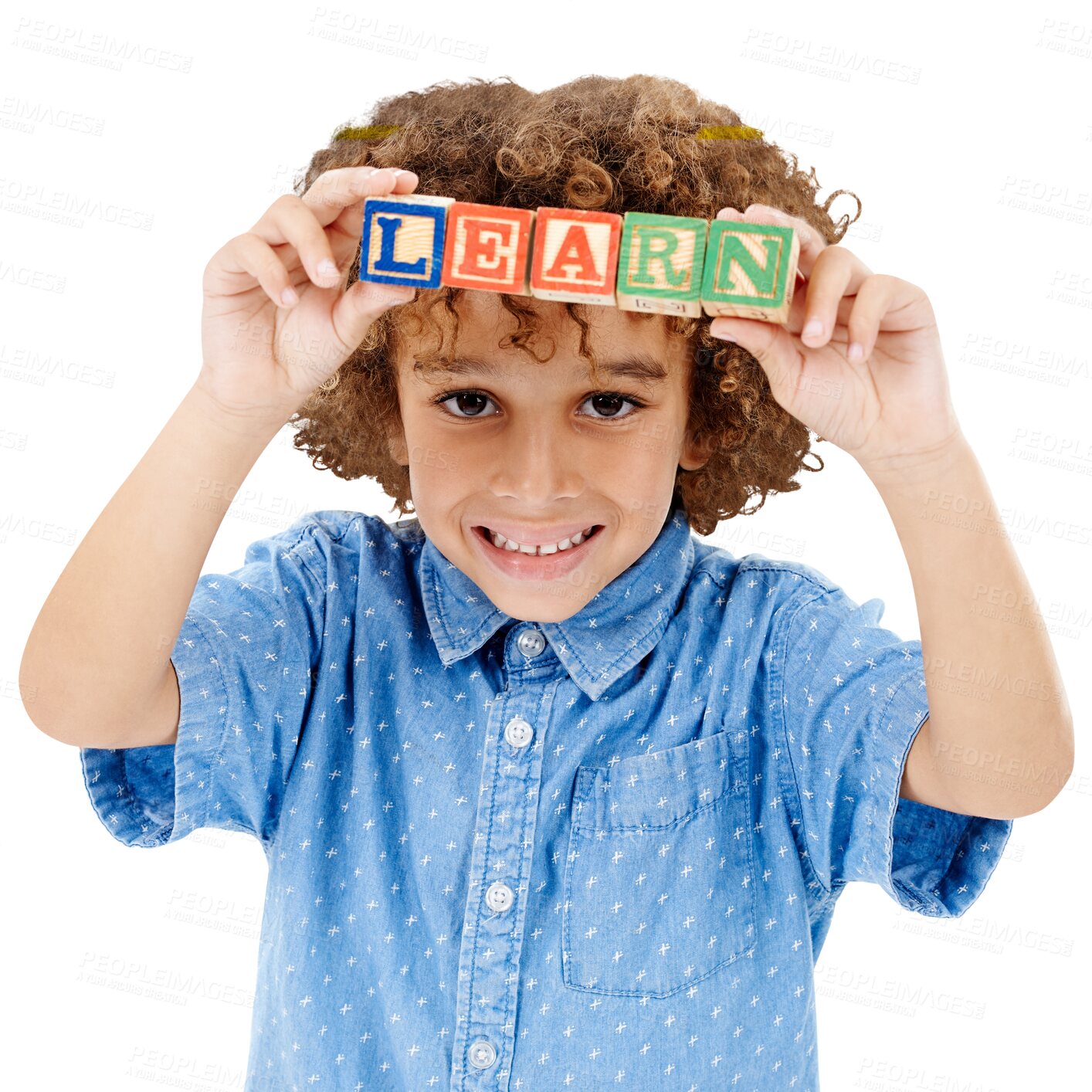 Buy stock photo Portrait, happy kid and blocks for learning abc, study or reading language, spell or building isolated on transparent png background. Face, education or child with alphabet, wood toys and development