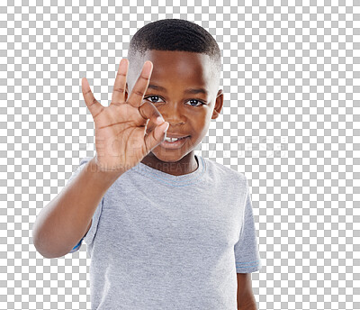 Buy stock photo Portrait, smile and boy with perfect sign, kid and agreement isolated on transparent background. Face, person and model with happiness, hand gesture and emoji with feedback, png and symbol with like