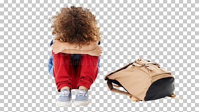 Buy stock photo Sad, kid on floor and depression, stress or frustrated isolated on a transparent png background with bag. Angry, bullying and child or student crying, lonely or abused, anxiety and violence in crisis