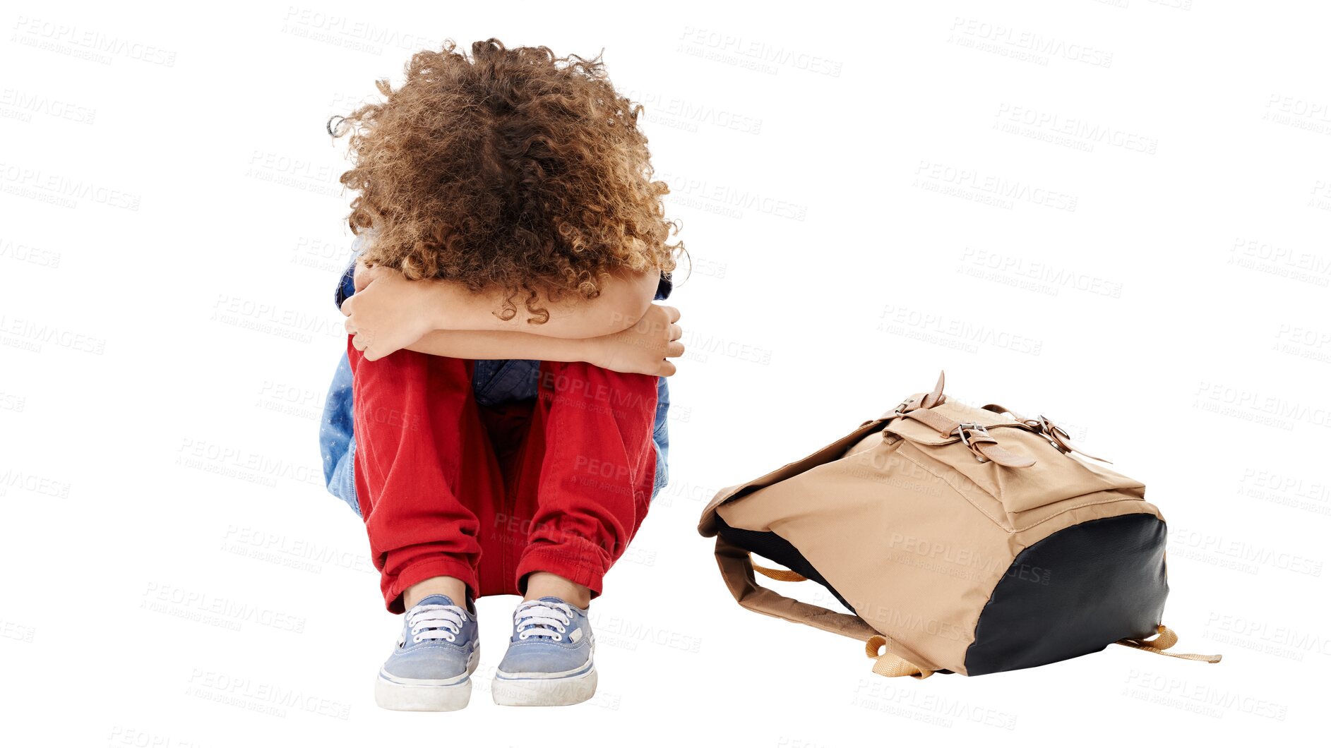 Buy stock photo Sad, kid on floor and depression, stress or frustrated isolated on a transparent png background with bag. Angry, bullying and child or student crying, lonely or abused, anxiety and violence in crisis