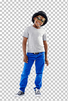 Buy stock photo Funny, kid and dollar sign sunglasses for fashion isolated on a transparent png background. Happy African child smile in cool glasses, clothes and jeans, tshirt or hat for money, wealth or finance