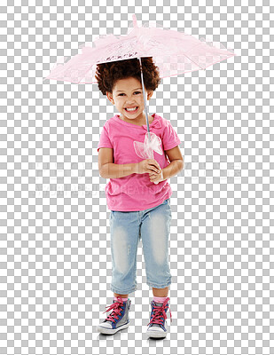 Buy stock photo Happy girl, portrait and umbrella in fashion for rainy weather isolated on a transparent PNG background. Female person, little child or kid with pink protection for shade from rain, water or drops