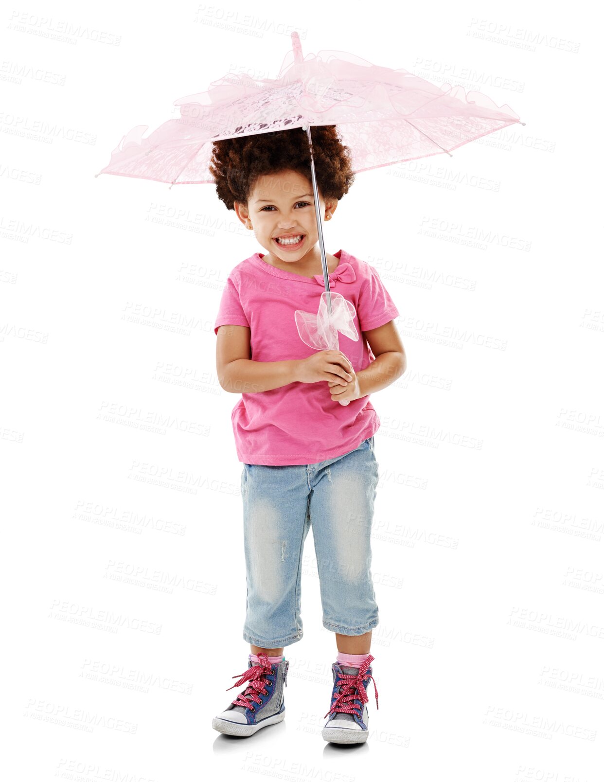 Buy stock photo Happy girl, portrait and umbrella in fashion for rainy weather isolated on a transparent PNG background. Female person, little child or kid with pink protection for shade from rain, water or drops