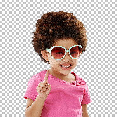 Buy stock photo Portrait, girl and kid with sunglasses, pointing and happiness isolated on a transparent background. Face, person and model with funky eyewear, afro and cheerful with child, casual and goofy with png