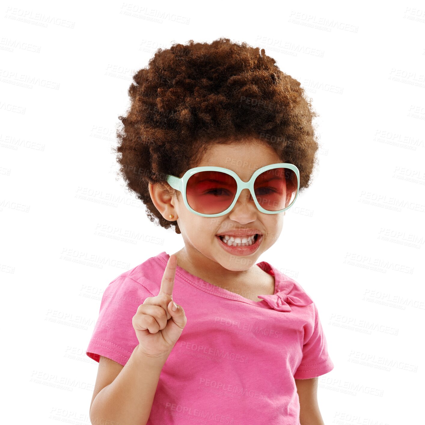 Buy stock photo Portrait, girl and kid with sunglasses, pointing and happiness isolated on a transparent background. Face, person and model with funky eyewear, afro and cheerful with child, casual and goofy with png