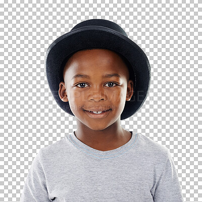 Buy stock photo Portrait, kid and boy with a hat, fashion and smile isolated on a transparent background. Black child, person and model with joy, stylish clothes and png with peace, trendy cap and casual outfit