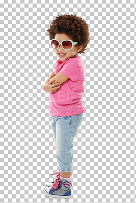 Buy stock photo Happy girl, portrait and sunglasses in confidence, fashion or isolated on a transparent PNG background. Young little child or kid smile in casual clothing, eye accessory or satisfaction for childhood