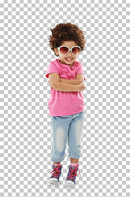 Buy stock photo Happy girl, portrait and sunglasses for fashion standing isolated on a transparent PNG background. Young little child or kid smile in casual clothing with eye accessory in satisfaction for childhood