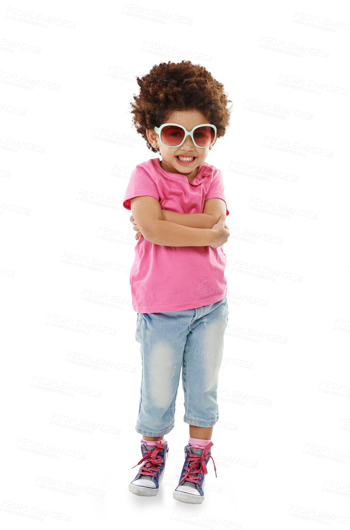 Buy stock photo Happy girl, portrait and sunglasses for fashion standing isolated on a transparent PNG background. Young little child or kid smile in casual clothing with eye accessory in satisfaction for childhood