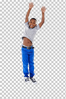 Buy stock photo Happy, jumping and portrait of young child for crazy, goofy and playing for fun celebration. Smile, youth and cute boy kid with playful and excited energy isolated by transparent png background.