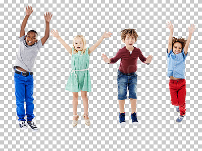 Buy stock photo Happy, jumping and portrait of young children for diversity, friends and playing for fun. Smile, youth and group of cute kids with playful energy together isolated by transparent png background.