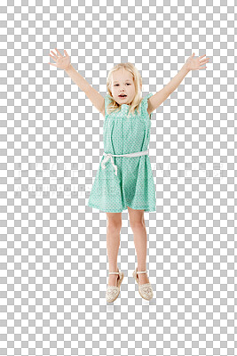 Buy stock photo Happiness, girl and kid with portrait, jump and achievement isolated on a transparent background. Person, model and child with energy, movement and excitement with joy, cheerful and winner with png