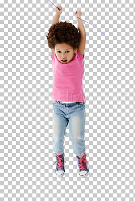 Buy stock photo Happy, jumping and portrait of young kid for crazy, goofy and play for fun celebration. Smile, youth and cute girl child with playful, silly and excited energy isolated by transparent png background.