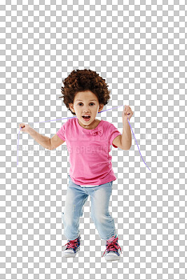 Buy stock photo Portrait, girl and kid with ribbon, celebration and happiness isolated on a transparent background. Person, child and kid with joy, excited and cheerful with excitement, playing and png with freedom