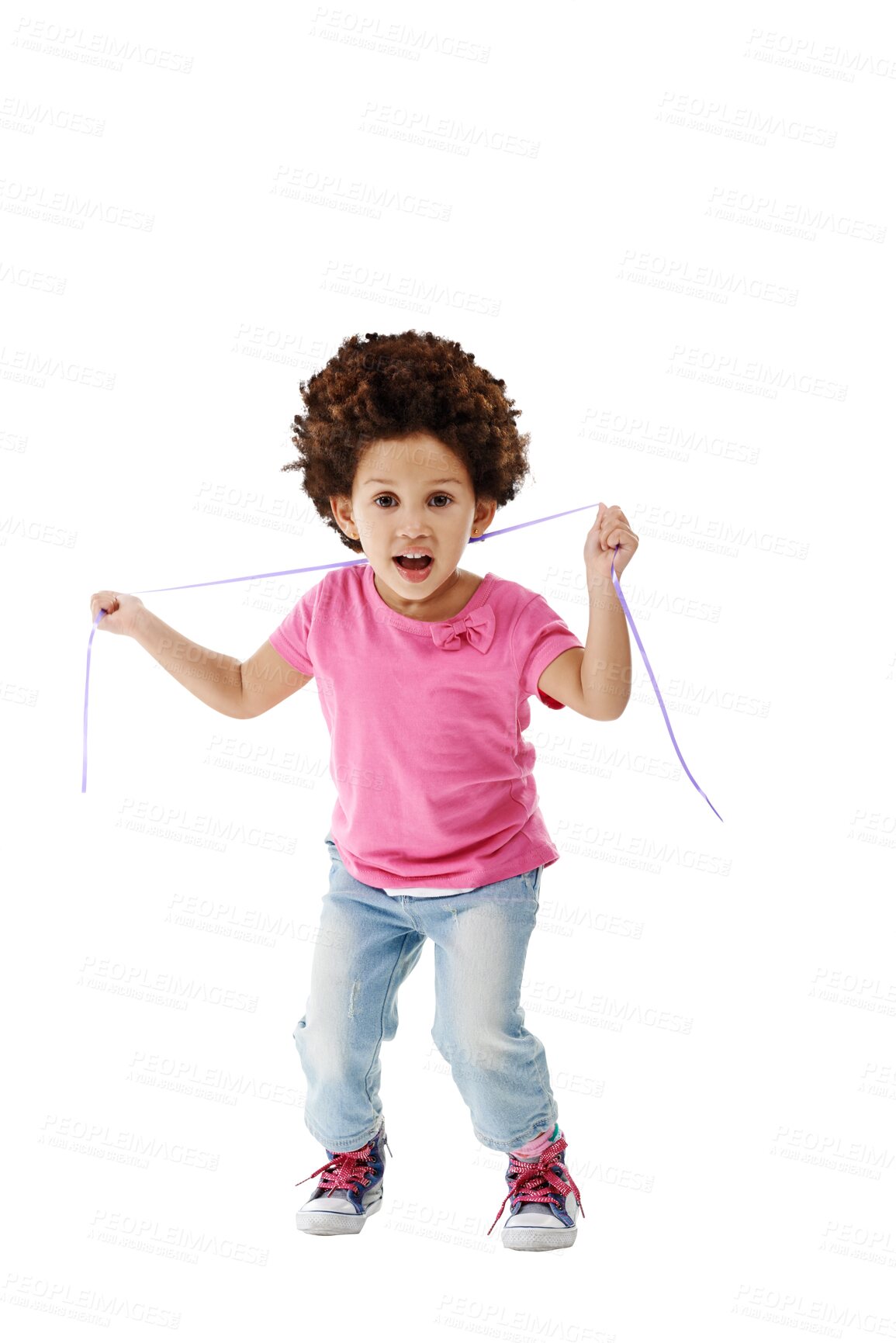 Buy stock photo Portrait, girl and kid with ribbon, celebration and happiness isolated on a transparent background. Person, child and kid with joy, excited and cheerful with excitement, playing and png with freedom